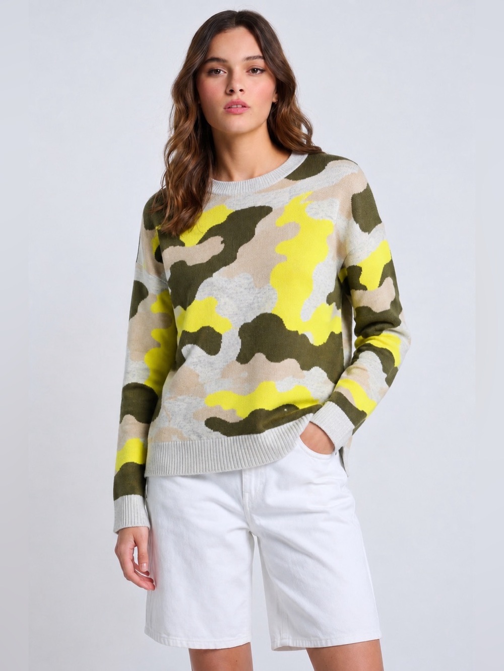 Lisa Todd Neon Camo Crewneck Sweater 100% Cotton High Low Hem Women Size M